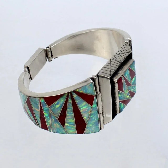 Silver Vintage Signed Old Pawn Zuni Sterling Silver, Opal, & Red Jasper Bracelet For Sale - Image 8 of 12