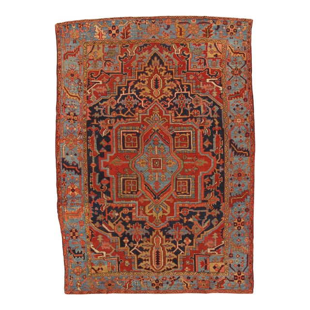 Antique Persian Heriz Carpet Handmade Wool Oriental Rug, Navy, Light Blue, Gold For Sale