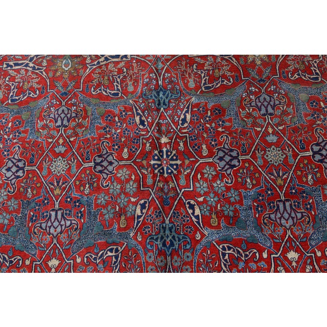 One-of-a-Kind Antique Persian Tehran Botanic Red, Blue Handmade Wool Rug For Sale In New York - Image 6 of 9
