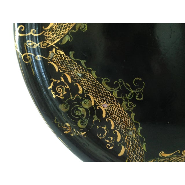 Metal Mid 19th Century Antique Black Mother of Pearl Inlay Papier Mache Tray For Sale - Image 7 of 11