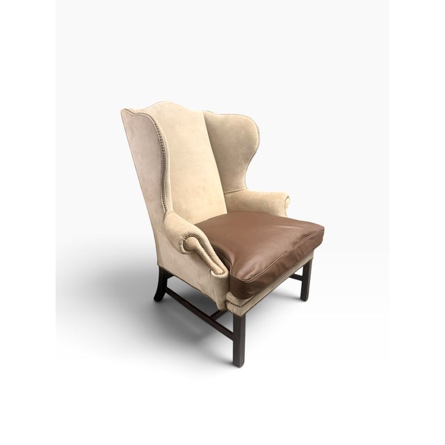 Ralph Lauren Home Devonshire Suede Wingback Chair With Extra Italian Leather Cushion Cover For Sale In Miami - Image 6 of 18