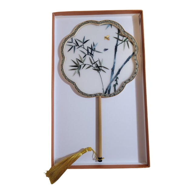 Asian Embroidery on Silk Boxed Fan For Sale