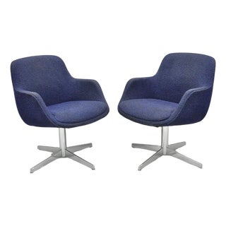 Vintage Mid Century Modern Blue Upholstered Chrome Swivel Base Club Chair - Pair For Sale