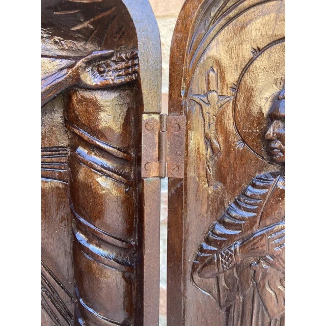 French Antique Hand Carved Walnut Wood Religious Triptych or Carved Wall Sculpture Panel, 1890s For Sale - Image 10 of 18