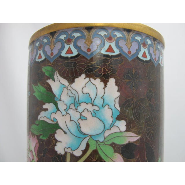 Metal Large Cloisonne Enamel Flower & Butterfly Vase or Umbrella Stand For Sale - Image 7 of 12