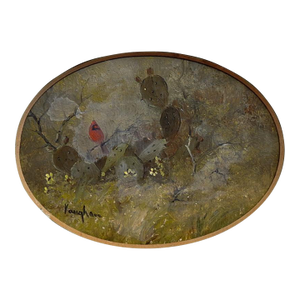 Late 20th Century Miniature Texas Cactus and Cardinal Painting