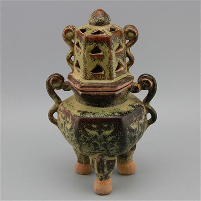 Asian Tea-Dust Glazed Tripod Incense Burner With Pierced Lid For Sale - Image 3 of 5