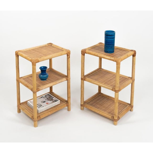 Mid-Century Modern Italian Side Tables in Bamboo with Rattan and Wicker, 1970s, Set of 2 For Sale - Image 4 of 14