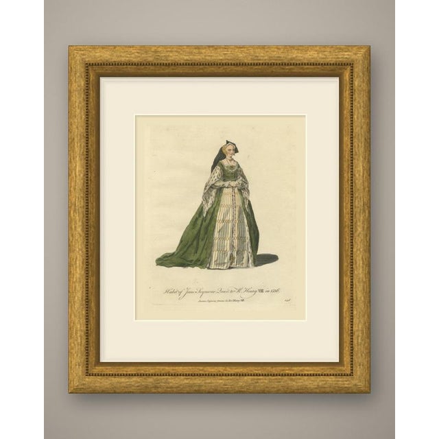 This is an original antique copper engraving with hand coloring, lettered in script "habit of jane seymour queen to k....