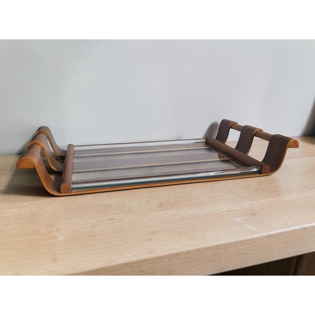 Art Deco/Modernist Serving Tray, 1950s Vintage glass and bentwood serving tray, 1950s Elegant modernist-style serving...