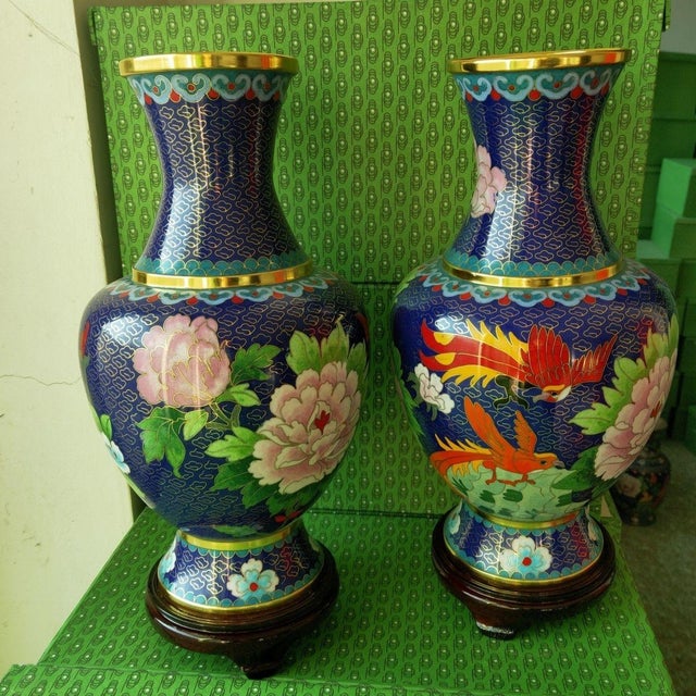 Pair of Vintage Cloisonné Enamel Vases – Phoenix & Peony Motif, Sapphire Blue Ground For Sale - Image 10 of 10