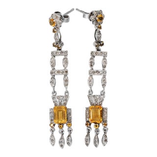 14k(585) White Gold Natural Diamond and Yellow Sapphire Pretty Teardrop Earrings, A Pair For Sale