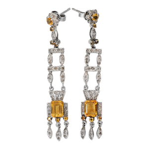 14k(585) White Gold Natural Diamond and Yellow Sapphire Pretty Teardrop Earrings, A Pair