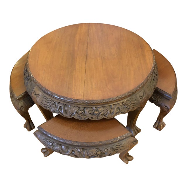 1960s Vintage George Zee Hand Carved Tea Table & 4 Stools For Sale