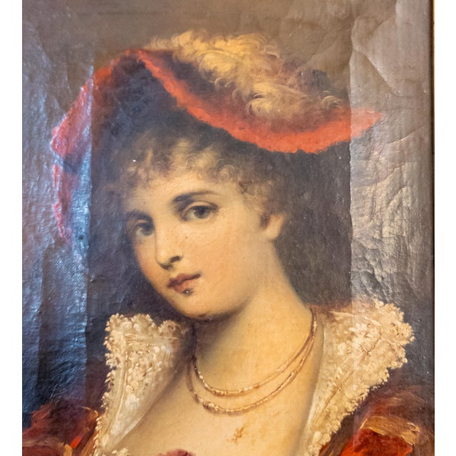 Wood 19th Century Continental European French Style Portrait Painting of a Lady in Red, Signed For Sale - Image 7 of 14