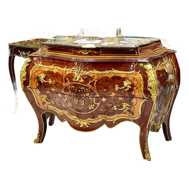 French Rococo Marble Top Dresser With Hand-Carved Wood Frame, Two Spacious Drawers & Hand-Gilded Gold Leaf Details For Sale