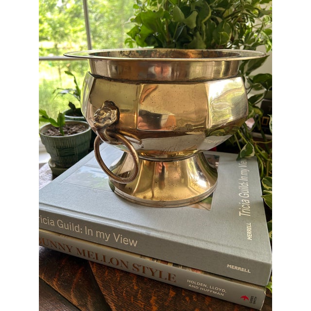 Vintage Brass Pedestal Censer or Cachepot With Lions Head Ring Handles For Sale In New Orleans - Image 6 of 6