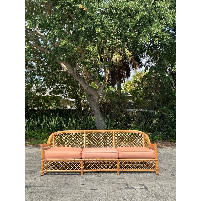 Late 20th Century Vintage Coastal McGuire Trellis Rattan Sofa For Sale - Image 5 of 12