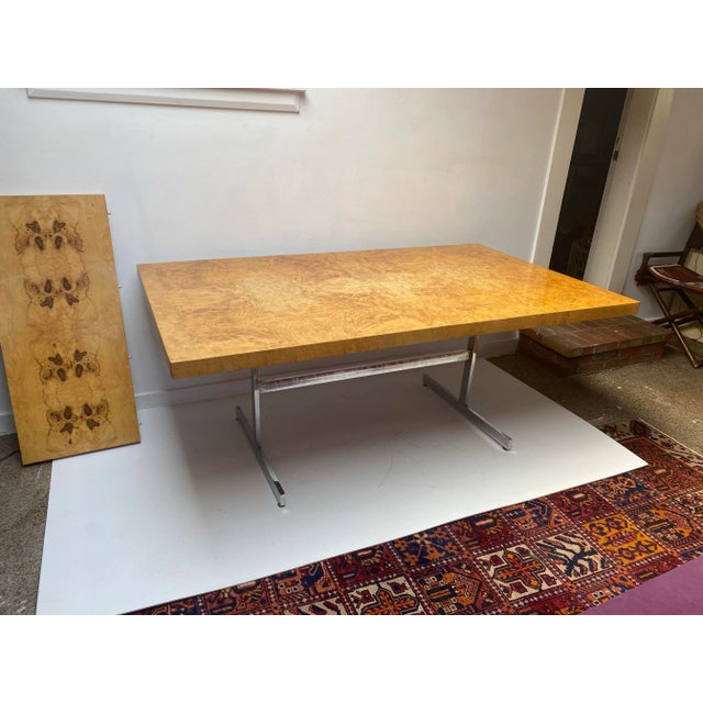 Milo Baughman Style Dining Table. Burled Olive Wood Aluminum Base. One leaf Extends Table to 90 inches.Easily Seats...