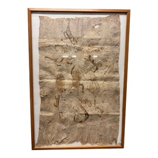 Vintage Indigenous Amazonian Bark Fiber Painting, Traditionally Crafted From Beaten Tree Bark with Natural Pigment Drawings of Local Fauna For Sale