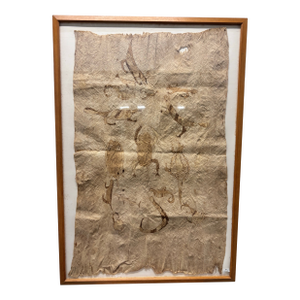 Vintage Indigenous Amazonian Bark Fiber Painting, Traditionally Crafted From Beaten Tree Bark with Natural Pigment Drawings of Local Fauna