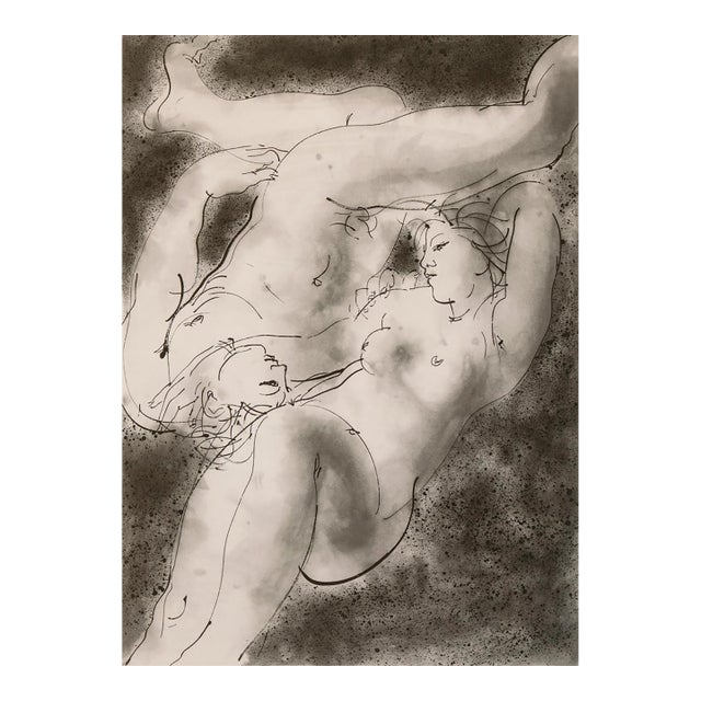'Couple Embracing' by Hans Erni, Liebespaar Kuscheln, Modernist Grisaille Aquatint Etching For Sale