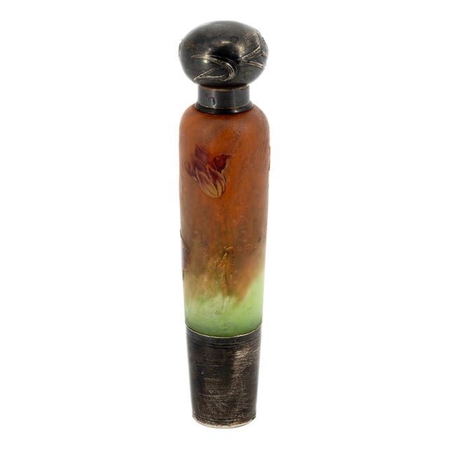 Art Nouveau Perfume Bottle in Polychrome Etched Glass with Full Silver Mount from Daum Nancy, 1890s For Sale