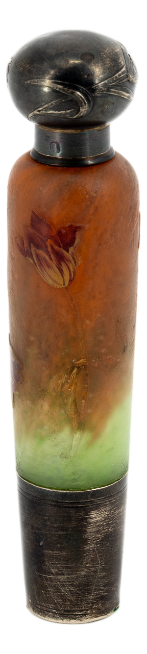 Art Nouveau Perfume Bottle in Polychrome Etched Glass with Full Silver Mount from Daum Nancy, 1890s