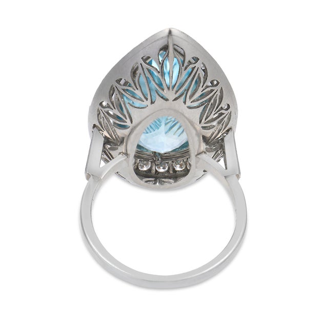 Art Deco Inspired 10.17 Carat Aquamarine Diamond Platinum Cocktail Ring, Size 7 For Sale In Los Angeles - Image 6 of 7