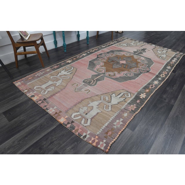 1970s Vintage Handmade Wool Cotton Pink Turkish Area Rug For Sale - Image 4 of 11