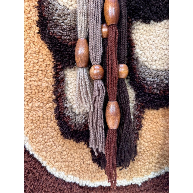 Large Abstract Hand-Woven Tapestry Style Wall Hanging with Wooden Details on Bamboo Stick, West-Germany 1960s For Sale - Image 4 of 12
