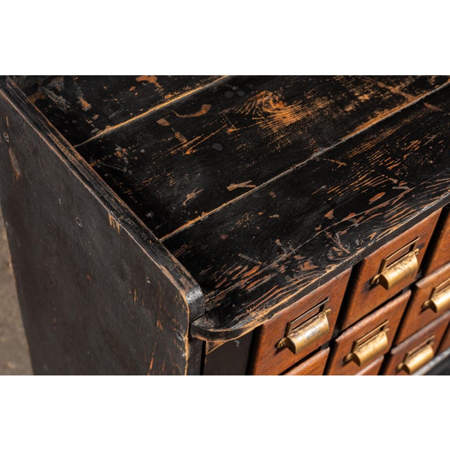 Wood Early 20th Century Wooden 14 Drawer Rolling Shop Cabinet in Distressed Black For Sale - Image 7 of 10
