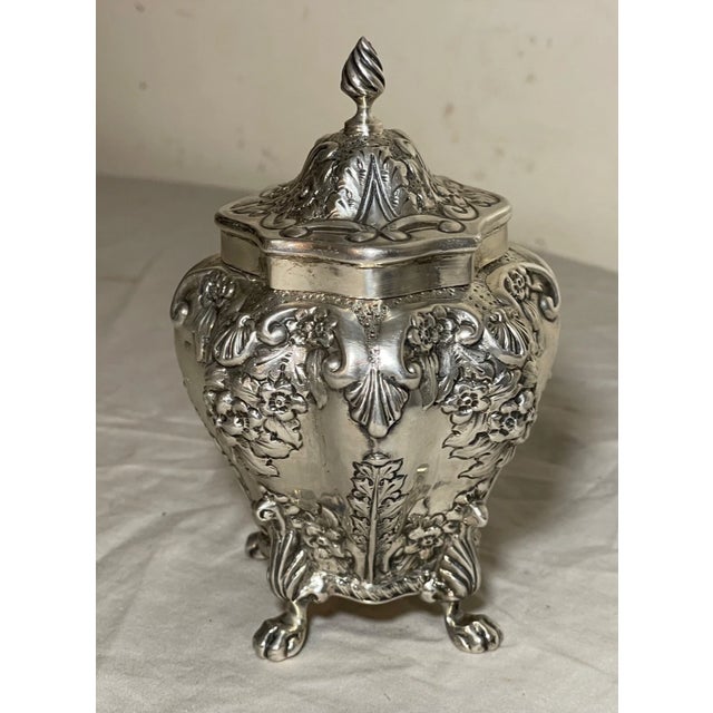 Silver Antique George Nathan & Ridley Hayes Decorated Figural Sterling Silver Tea Caddy For Sale - Image 8 of 17