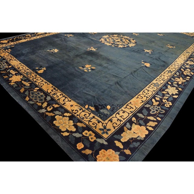 1890s Blue Field Floral Medallion Antique Chinese Peking Wool Rug 13' X 17' 10" For Sale - Image 4 of 8