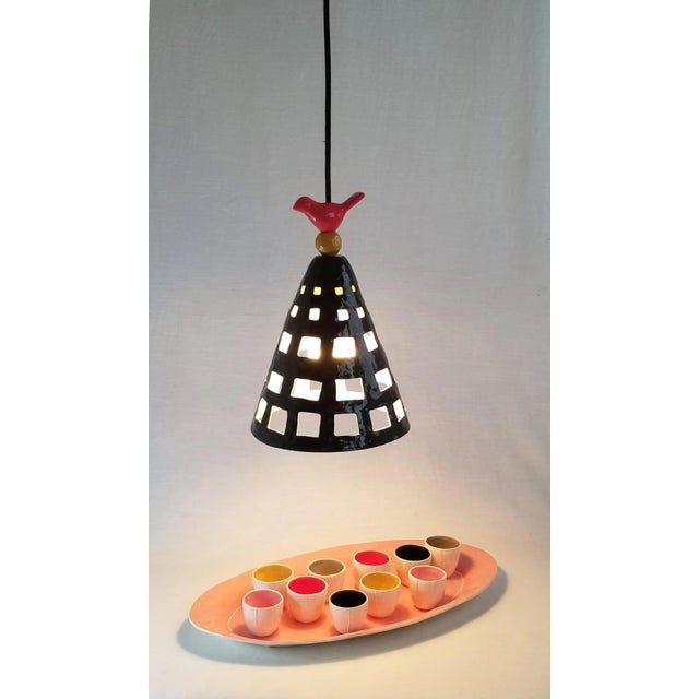 2020s Contemporary Handmade Ceramic Black Cage, Pendant Light in Red and Yellow Bead Detailing For Sale - Image 5 of 7