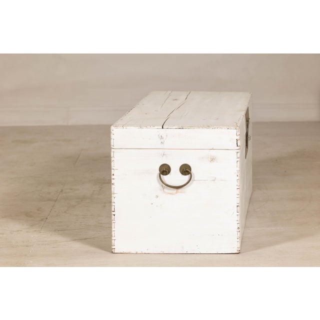 Asian Mid 20th Century Whitewashed Blanket Chest with Brass Hardware and Storage For Sale - Image 3 of 12