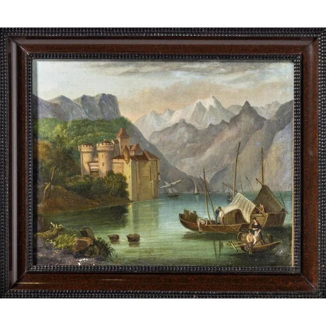 European School Artist, River Landscape with Castle and Boats, 19th Century, Oil on Wood For Sale - Image 6 of 7