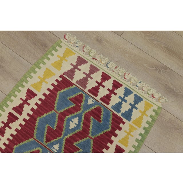 1960s Turkish Geometric Red and Blue Hand Knotted Kilim Rug For Sale - Image 9 of 13