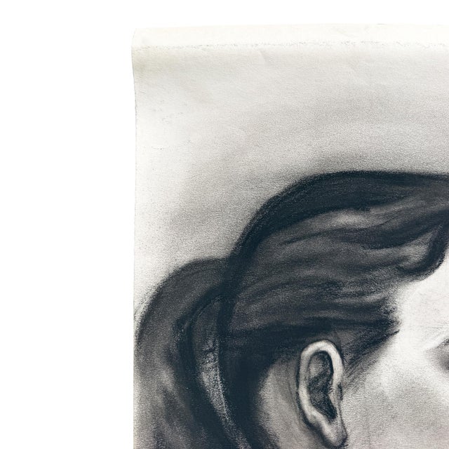 Mid 20th Century Black and White Charcoal Portrait Drawing of a Woman With Ponytail - Signed For Sale - Image 5 of 8