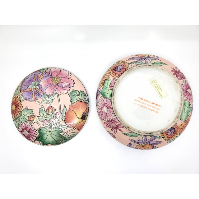 Peach Vintage Chinese Porcelain Trinket Jewelry Box With Flowers For Sale - Image 8 of 8