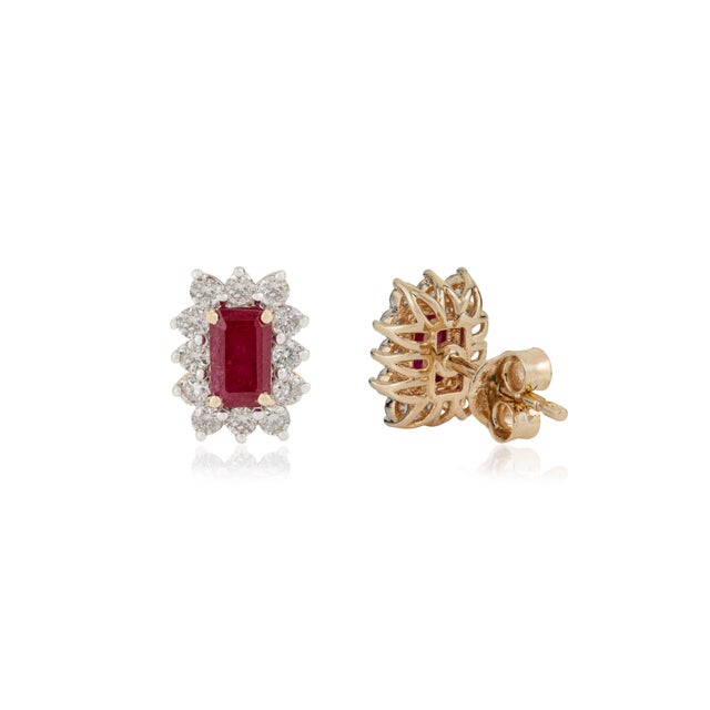 Classic Mozambique Natural Ruby & Diamond Halo Stud Earrings in 14k Yellow Gold- 2 Pieces For Sale In New York - Image 6 of 13