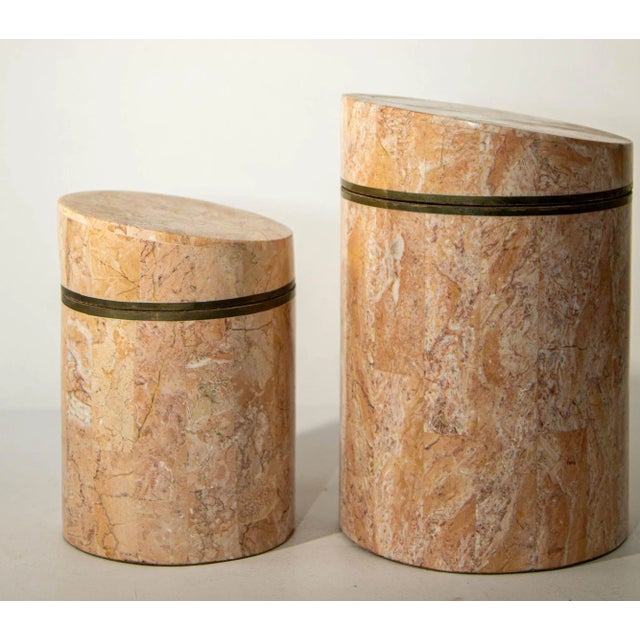 Vintage Tessellated round shape decorative lidded marble boxes by Maitland Smith Set of Two. Dimensions: Shorter: 4"...