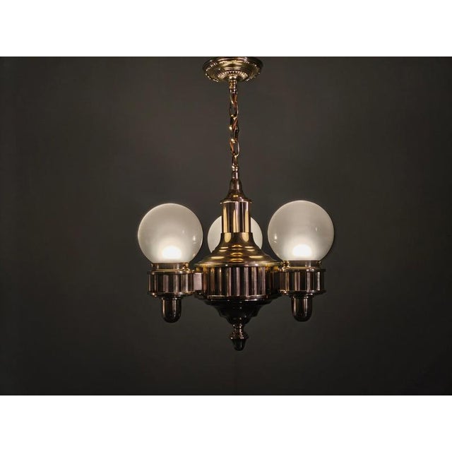 Art Deco Brass and Opaline Glass Chandelier, Czechoslovakia, 1930s For Sale - Image 10 of 12