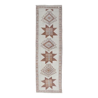 Vintage Turkish Tulu Runner With Ivory Field and Muted Brown Star Motifs For Sale