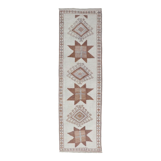 Vintage Turkish Tulu Runner With Ivory Field and Muted Brown Star Motifs For Sale