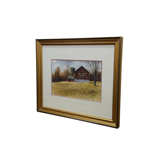 Vintage original landscape watercolor painting by artist Thomas Puschock featuring a traditional red barn and silo painted...