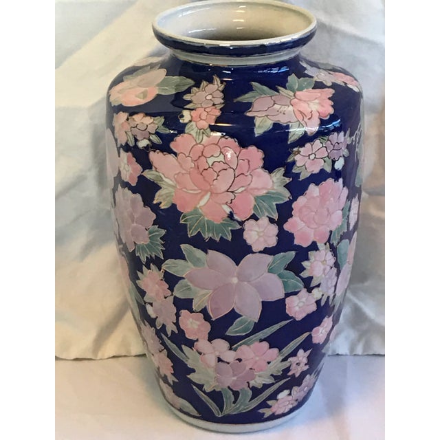 Vintage Floral and Fruit Chinoiserie Blue Gold Pink Jardiniere Vase For Sale - Image 9 of 12