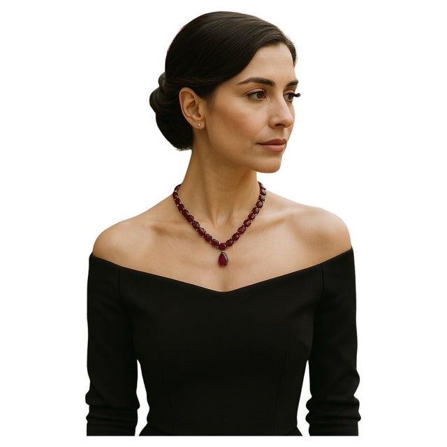 Bochic "Capri" Vintage 120 Carat Plus Of Natural Ruby Necklace Set 18K Gold & Silver For Sale - Image 15 of 18
