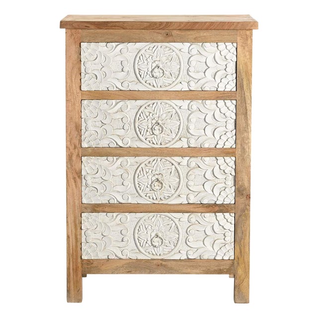 1960s Shabby Chic Mango Wood Bedside Table | Hand Carved 4 Drawer Nightstand | Distressed White Farmhouse Bedroom Furniture | Boho Accent Chest For Sale