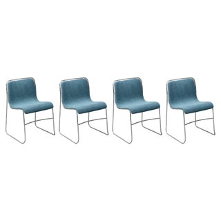Metal and Blue Fabric Chairs, 1970s, Set of 4 For Sale